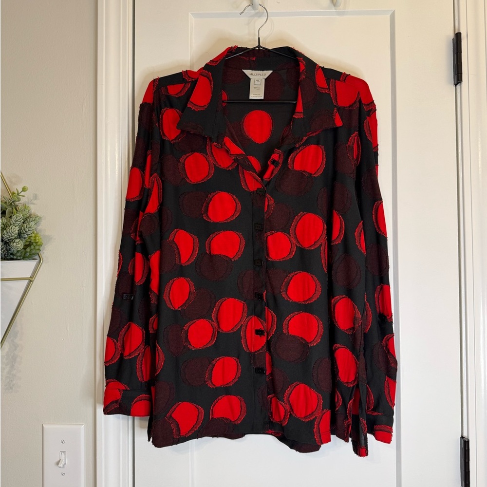 Multiples Black& Red Dot Button Down Too